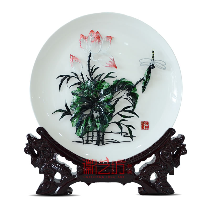 荷花彩色瓷盤蕪湖鐵畫安徽特色文化手工藝國家級非遺