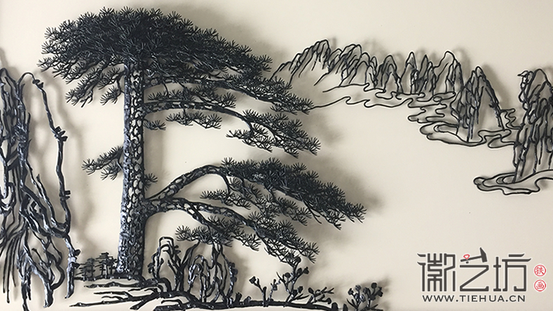 雞翅木雙面旋轉臺屏鐵畫迎客松細節(jié)圖