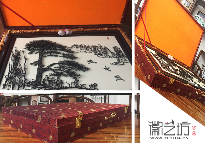 雞翅木雙面旋轉臺屏迎客松六尺巷鐵畫禮盒展示