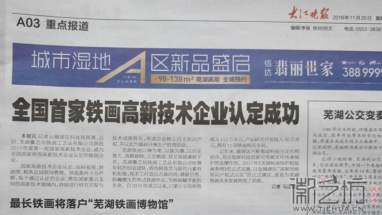 全國首家鐵畫高新技術(shù)企業(yè)認(rèn)定成功-徽藝坊鐵畫