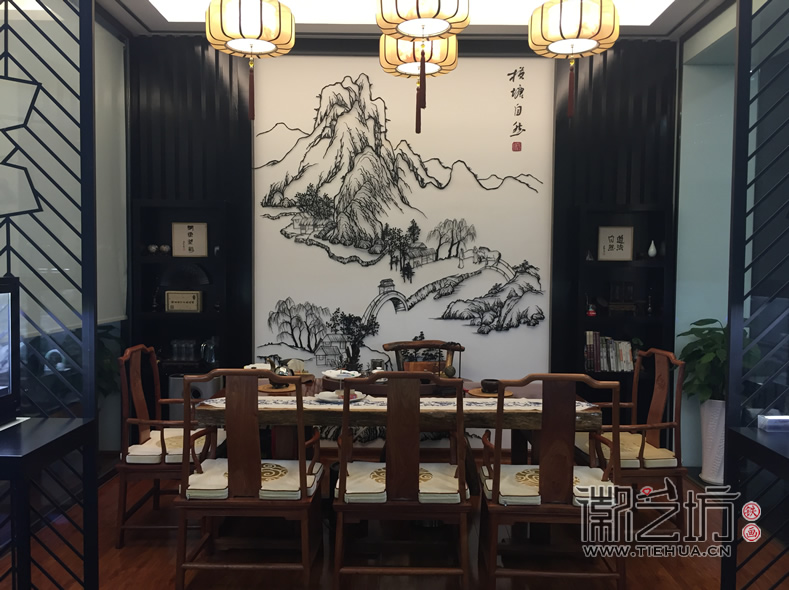 茶室禪意壁畫——自然美鉆蕪湖旗艦店VIP背景墻鐵畫《橫塘自然》