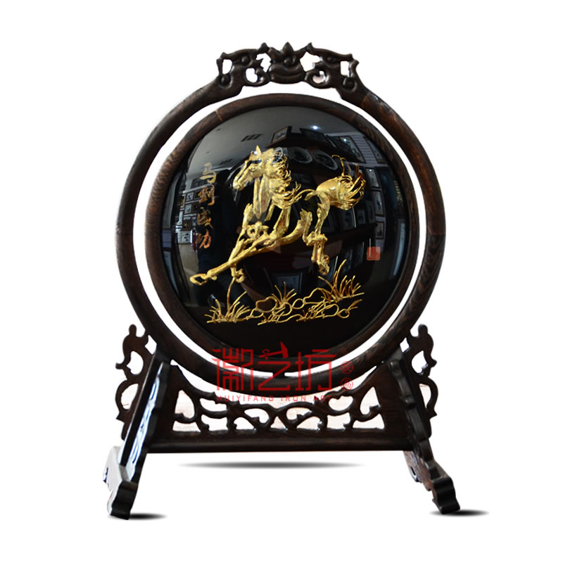 雙面鐵畫臺屏擺件馬到成功+迎客松 商務(wù)會議饋贈禮品 安徽特色手工藝